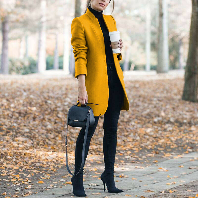 Autumn & Winter Solid Color Stand Collar Wool Blazer for Women – European & American Fashion