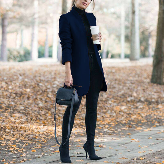 Autumn & Winter Solid Color Stand Collar Wool Blazer for Women – European & American Fashion