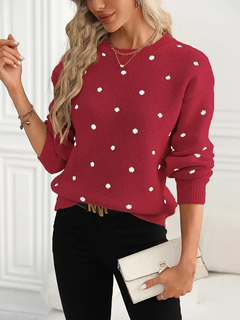 Women’s Polka Dot Pullover Sweater – Casual Long-Sleeve Knitted Top