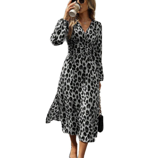 Women’s European & American Leopard Print Lantern Sleeve Maxi Dress