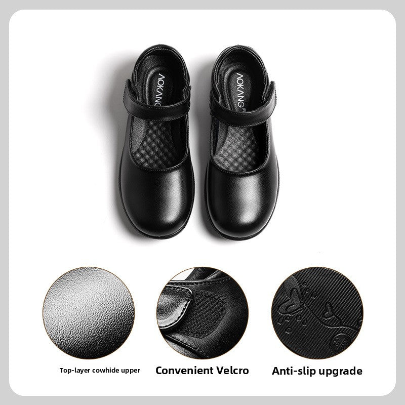 Girls' Genuine Leather British-Style Velcro School Shoes