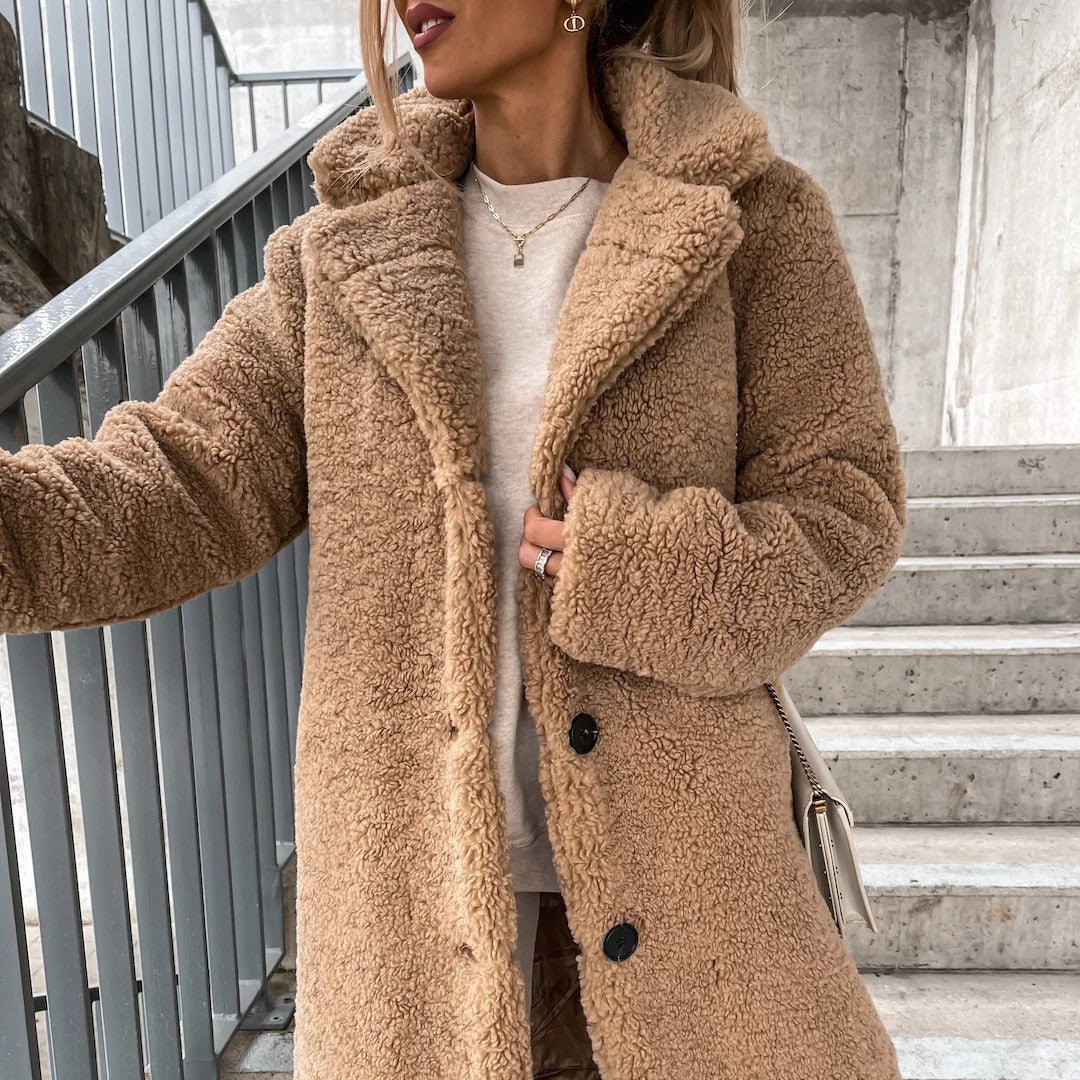 Women’s Winter Long-Sleeve Lapel Plush Jacket – Warm Cozy Outerwear