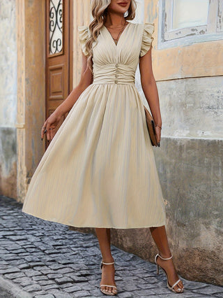Women’s Elegant Solid Dress – Ruffle Cuff Sleeves & Defined Waist