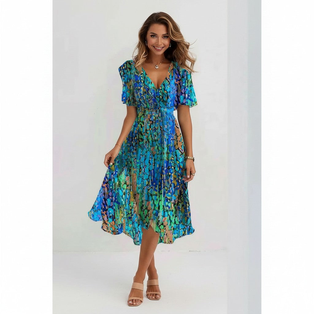 Elegant summer chiffon dress with a flattering V-neck and breezy printed design.