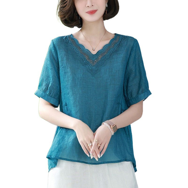 Women's Relaxed V-Neck Cotton - Linen Blend Top