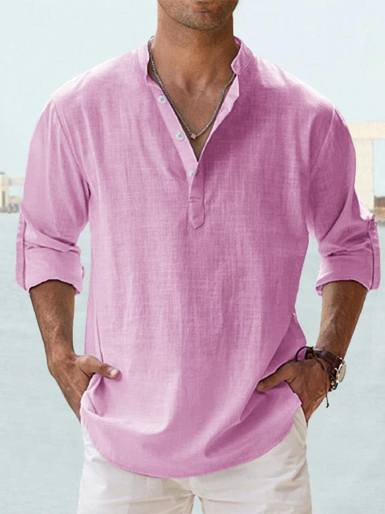 Men's Flax Collar Cotton/ Linen - Long Sleeve Shirt