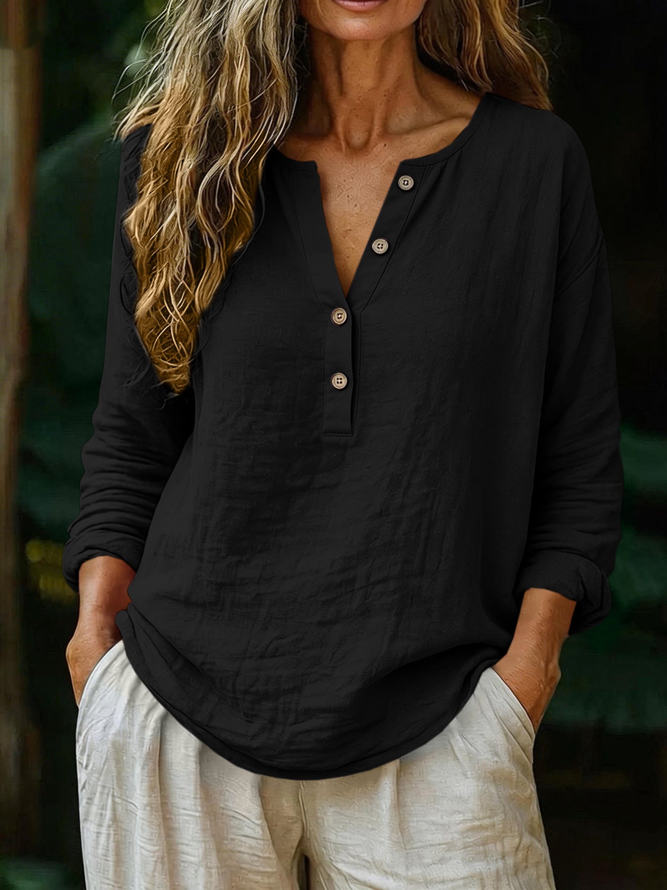 Women's Cotton Linen Casual Top  – Solid Color / V-Neck / Long Sleeve