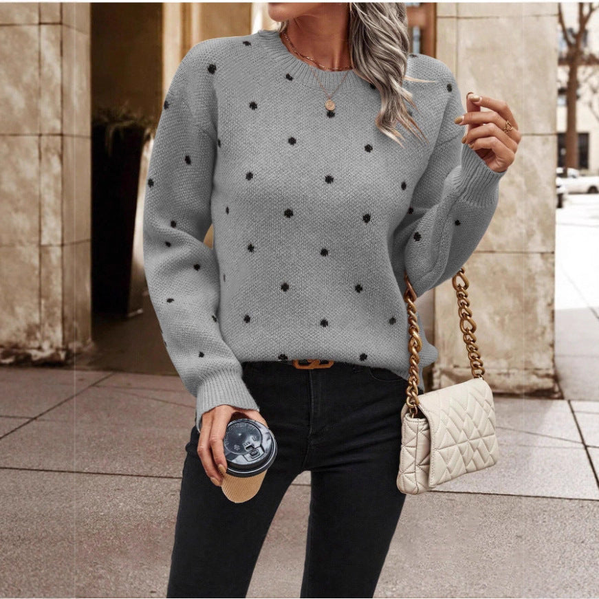 Women’s  Polka Dot Pullover Sweater – Casual Long-Sleeve Knitted Top