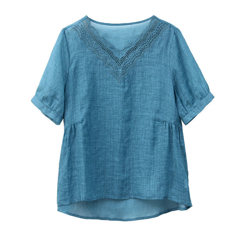 Women's Relaxed V-Neck Cotton - Linen Blend Top