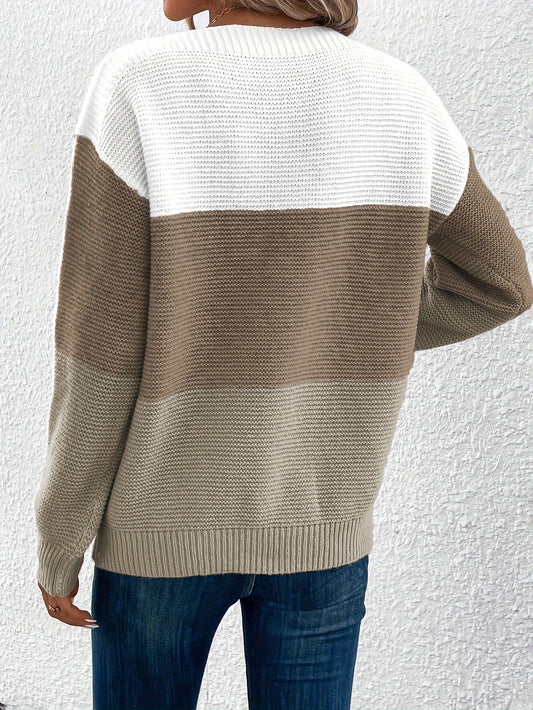 Women’s Spliced Knit Pullover Jumper – Round Neck Loose Fit