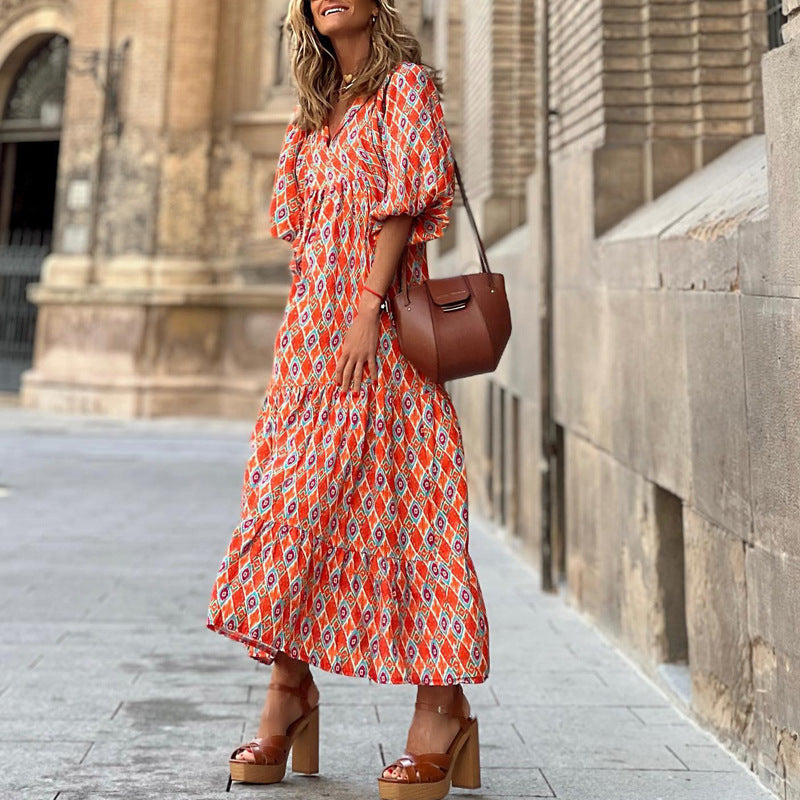 Women’s Vintage Printed Bohemian Maxi Dress – V-Neck Short Sleeve Summer Wear