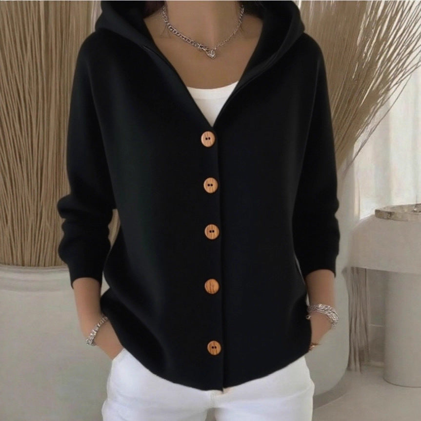 Women's Button-Front Knitted Hooded Cardigan