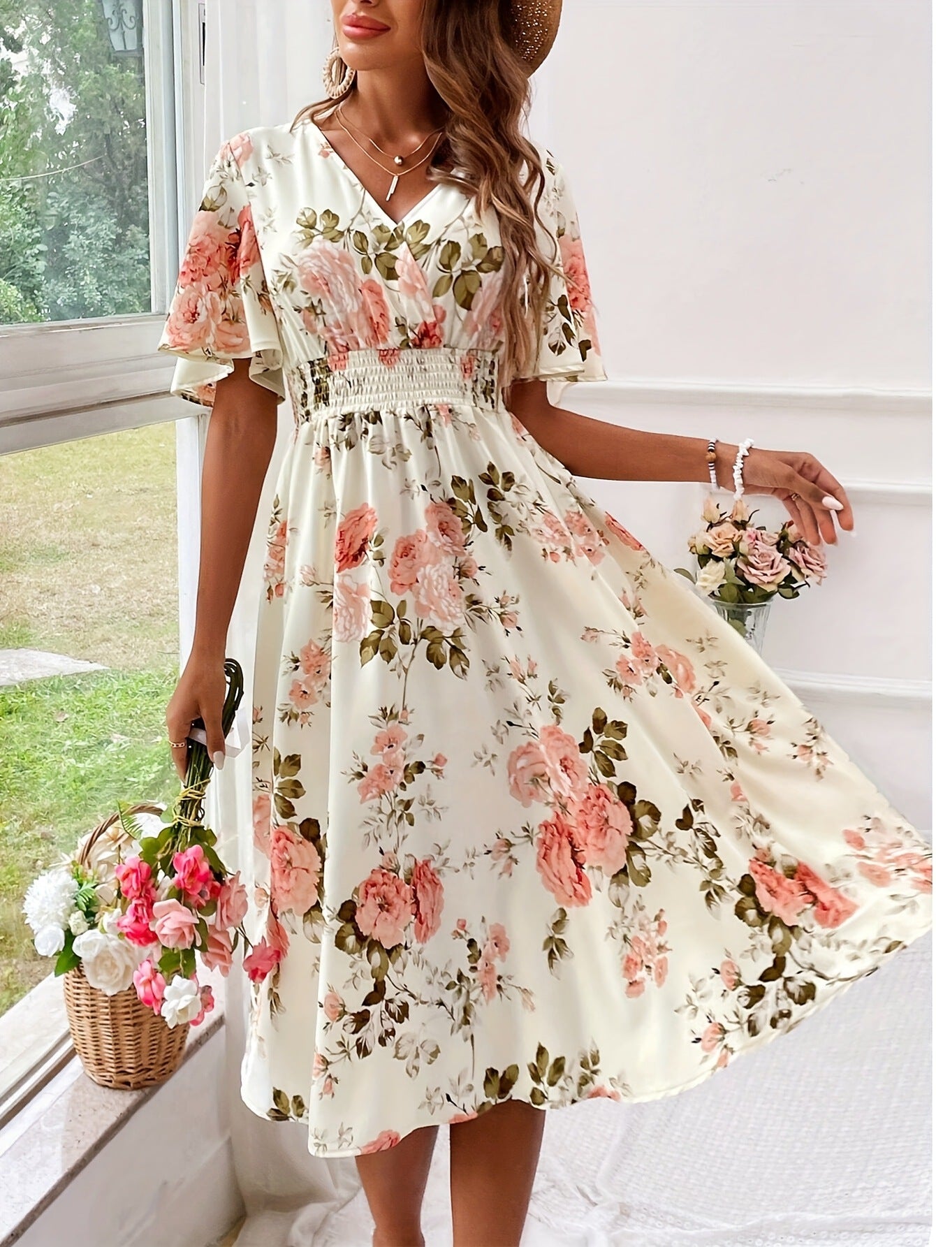Women’s Floral Print Smocked Belted Dress – Elegant Summer Style