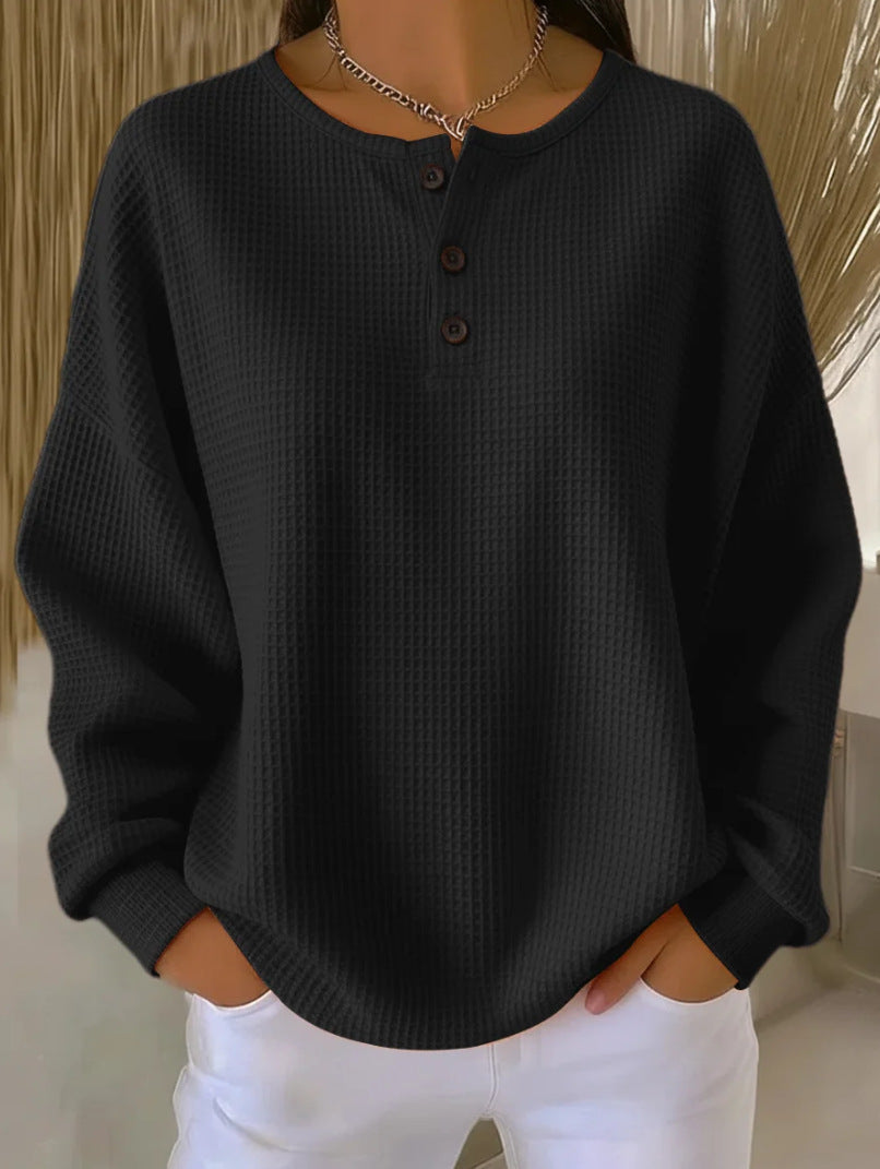 Women’s Waffle Knit Long-Sleeve Top – Solid Colour Button Round Neck Pullover