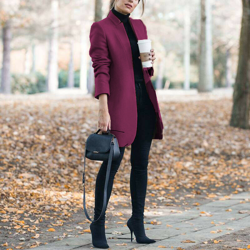 Autumn & Winter Solid Color Stand Collar Wool Blazer for Women – European & American Fashion