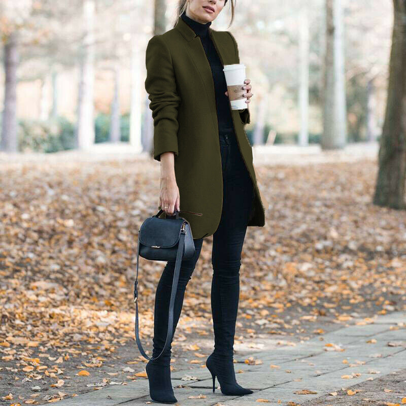 Autumn & Winter Solid Color Stand Collar Wool Blazer for Women – European & American Fashion