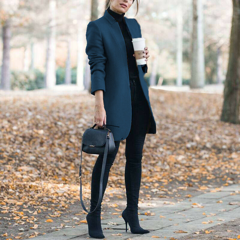 Autumn & Winter Solid Color Stand Collar Wool Blazer for Women – European & American Fashion