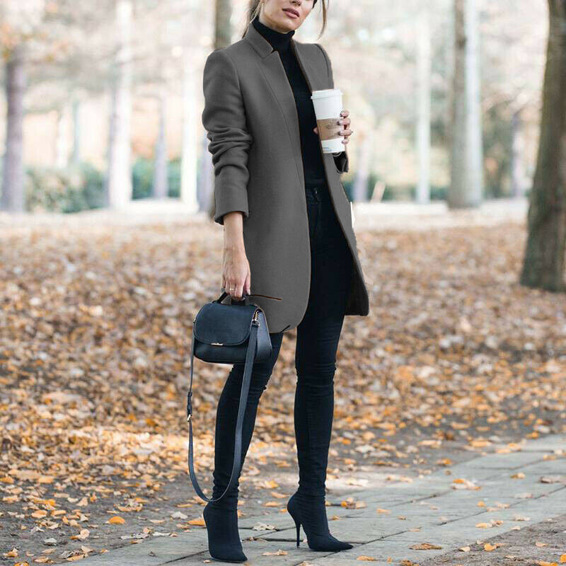 Autumn & Winter Solid Color Stand Collar Wool Blazer for Women – European & American Fashion