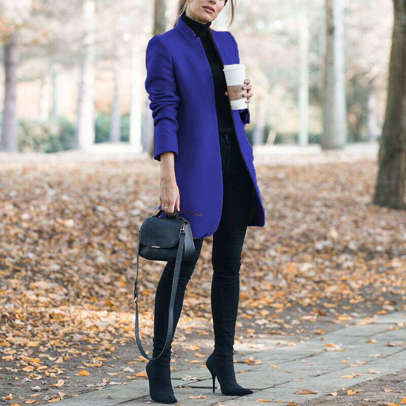 Autumn & Winter Solid Color Stand Collar Wool Blazer for Women – European & American Fashion