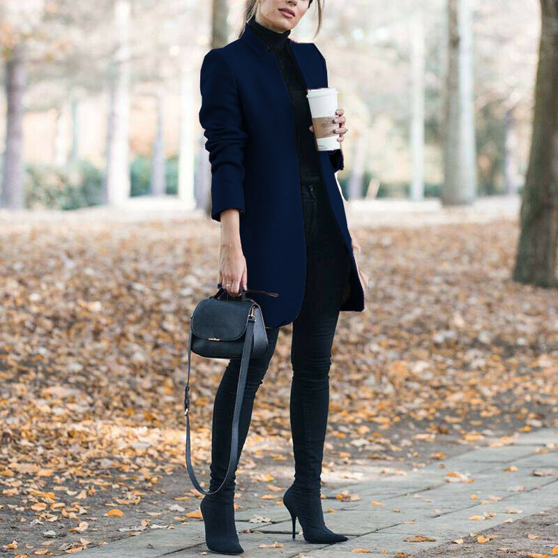 Autumn & Winter Solid Color Stand Collar Wool Blazer for Women – European & American Fashion