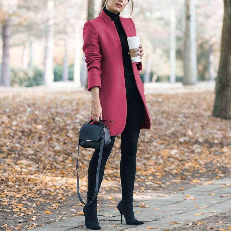 Autumn & Winter Solid Color Stand Collar Wool Blazer for Women – European & American Fashion