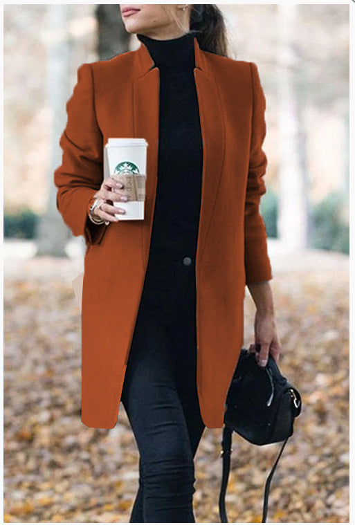 Autumn & Winter Solid Color Stand Collar Wool Blazer for Women – European & American Fashion