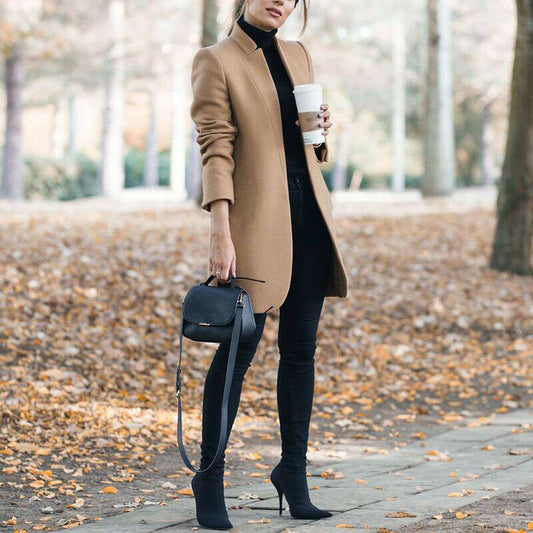 Autumn & Winter Solid Color Stand Collar Wool Blazer for Women – European & American Fashion