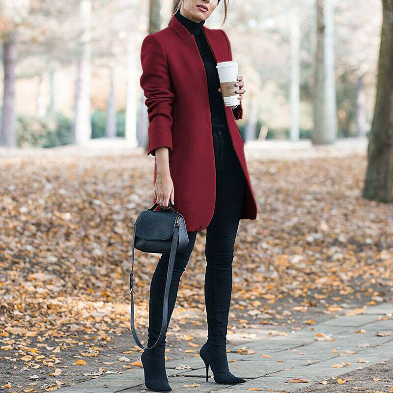 Autumn & Winter Solid Color Stand Collar Wool Blazer for Women – European & American Fashion