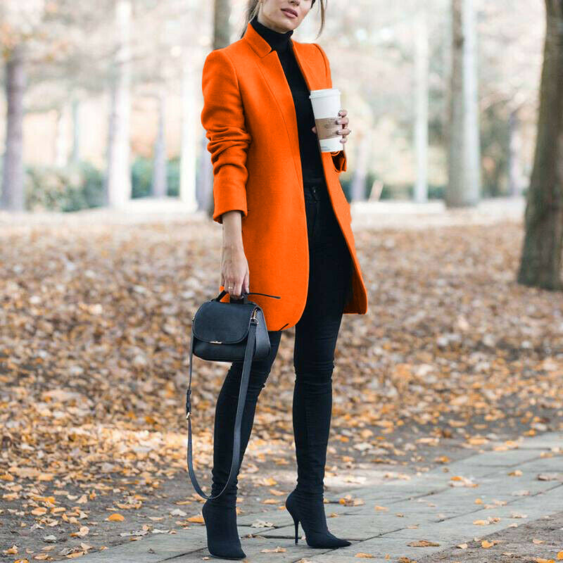 Autumn & Winter Solid Color Stand Collar Wool Blazer for Women – European & American Fashion