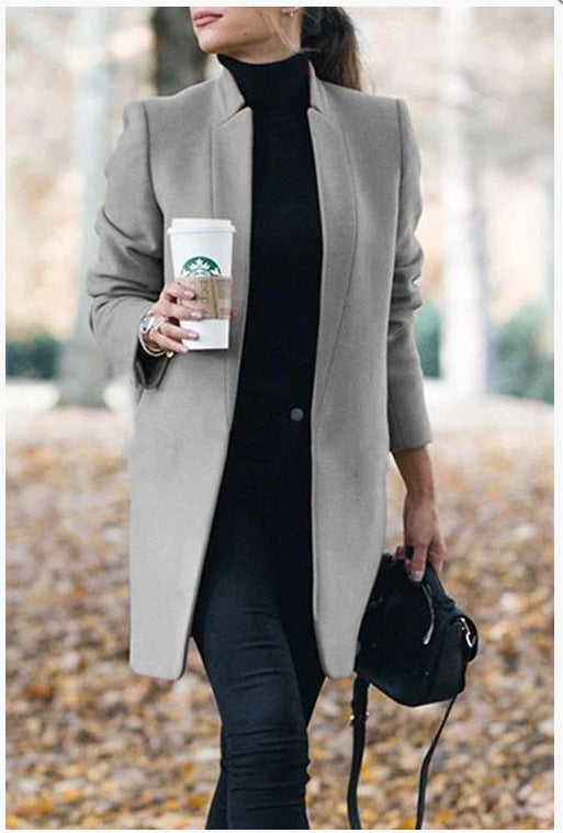 Autumn & Winter Solid Color Stand Collar Wool Blazer for Women – European & American Fashion