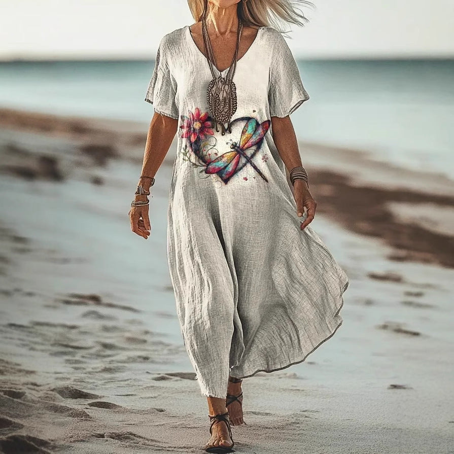 Women’s Floral V-Neck Dress – Creative Print Short Sleeve Style
