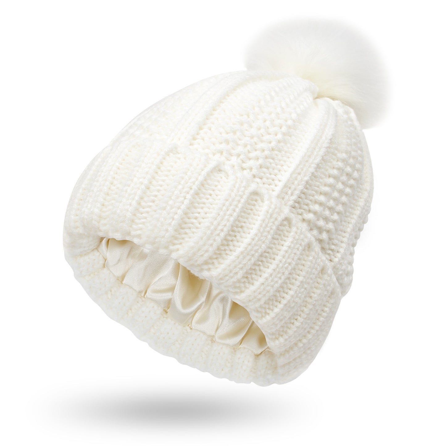 Women’s Winter Knitted Beanie Hat with Faux Fur Pom Pom – Warm Lined Stretch Fit