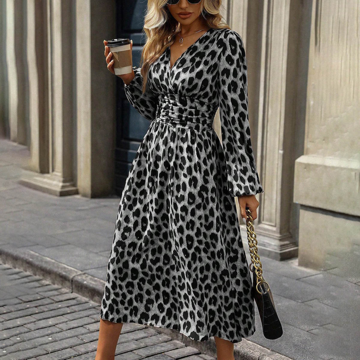 Women’s European & American Leopard Print Lantern Sleeve Maxi Dress