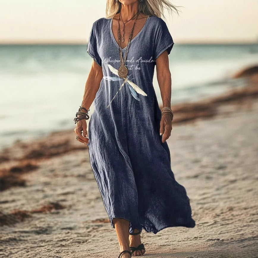 Women’s Floral V-Neck Dress – Creative Print Short Sleeve Style