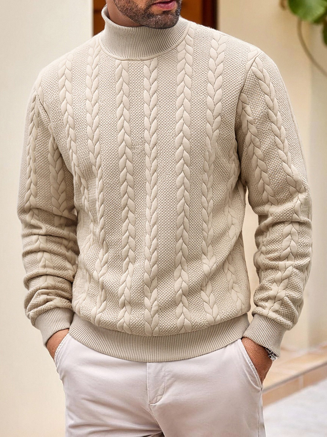 Men?s High-Neck Jacquard Knit Sweater