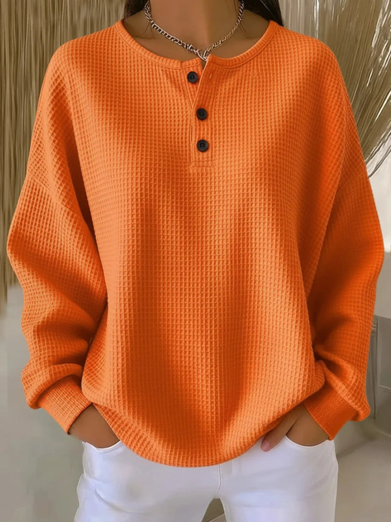 Women’s Waffle Knit Long-Sleeve Top – Solid Colour Button Round Neck Pullover