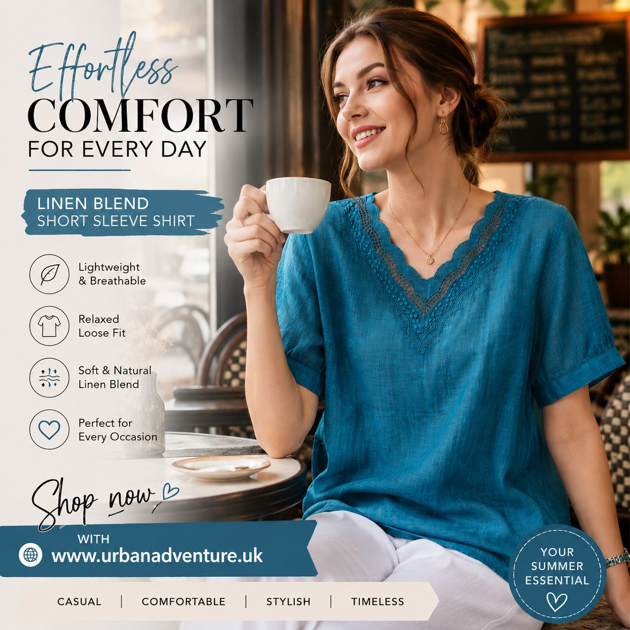 Women's Relaxed V-Neck Cotton - Linen Blend Top