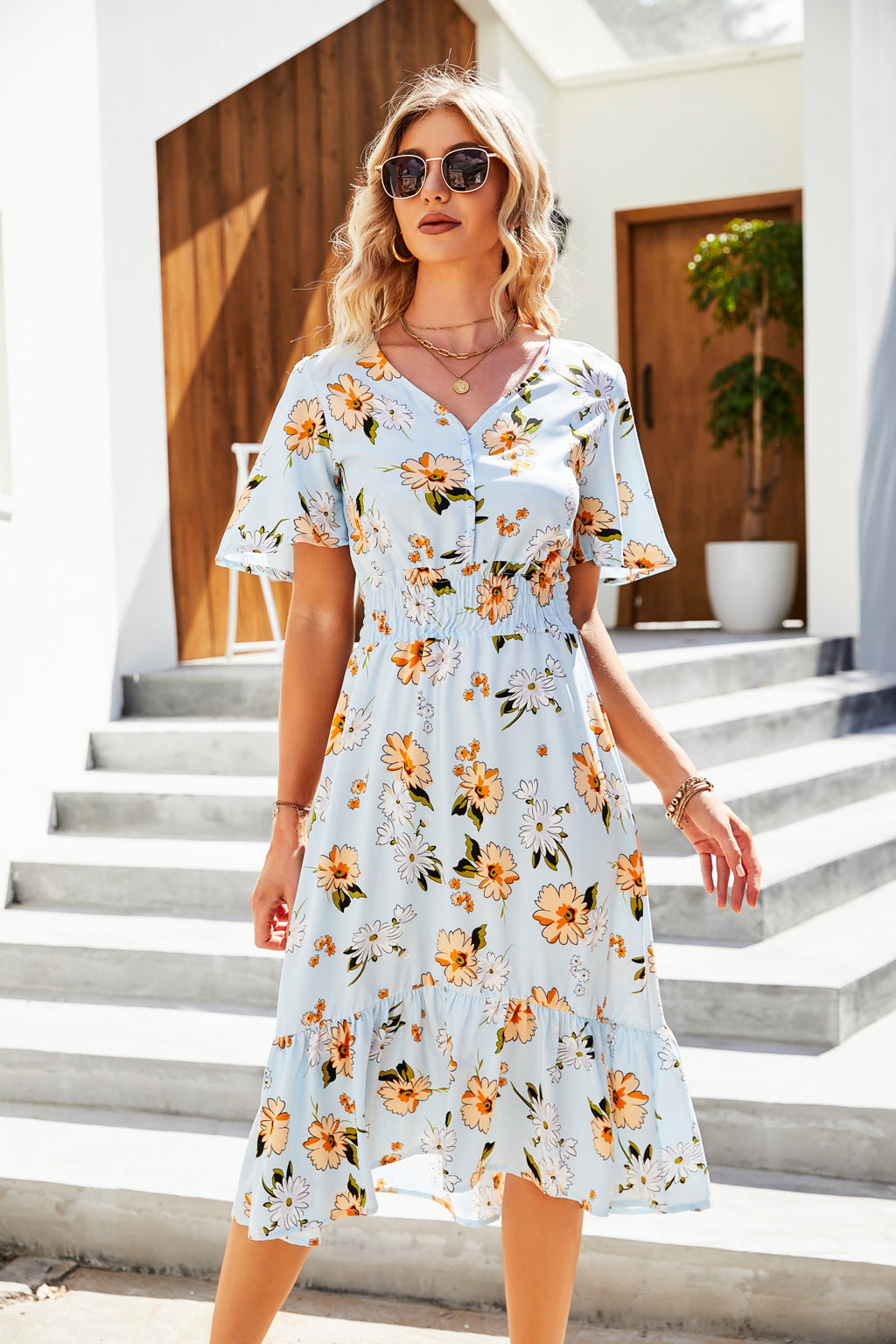 Women’s Short Sleeve Printed Dress – Ruffle Neck Elegant Look