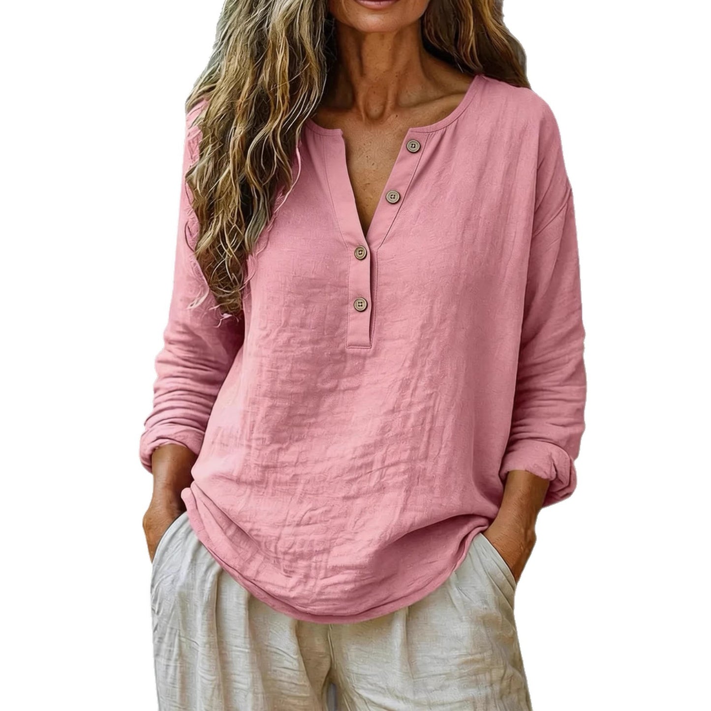 Women's Cotton Linen Casual Top  – Solid Color / V-Neck / Long Sleeve