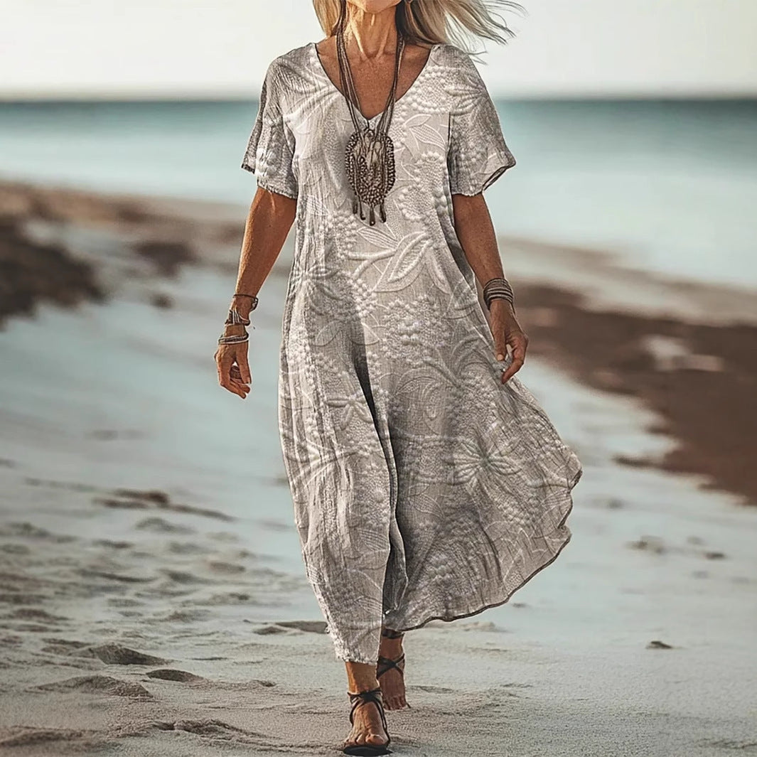 Women’s Floral V-Neck Dress – Creative Print Short Sleeve Style