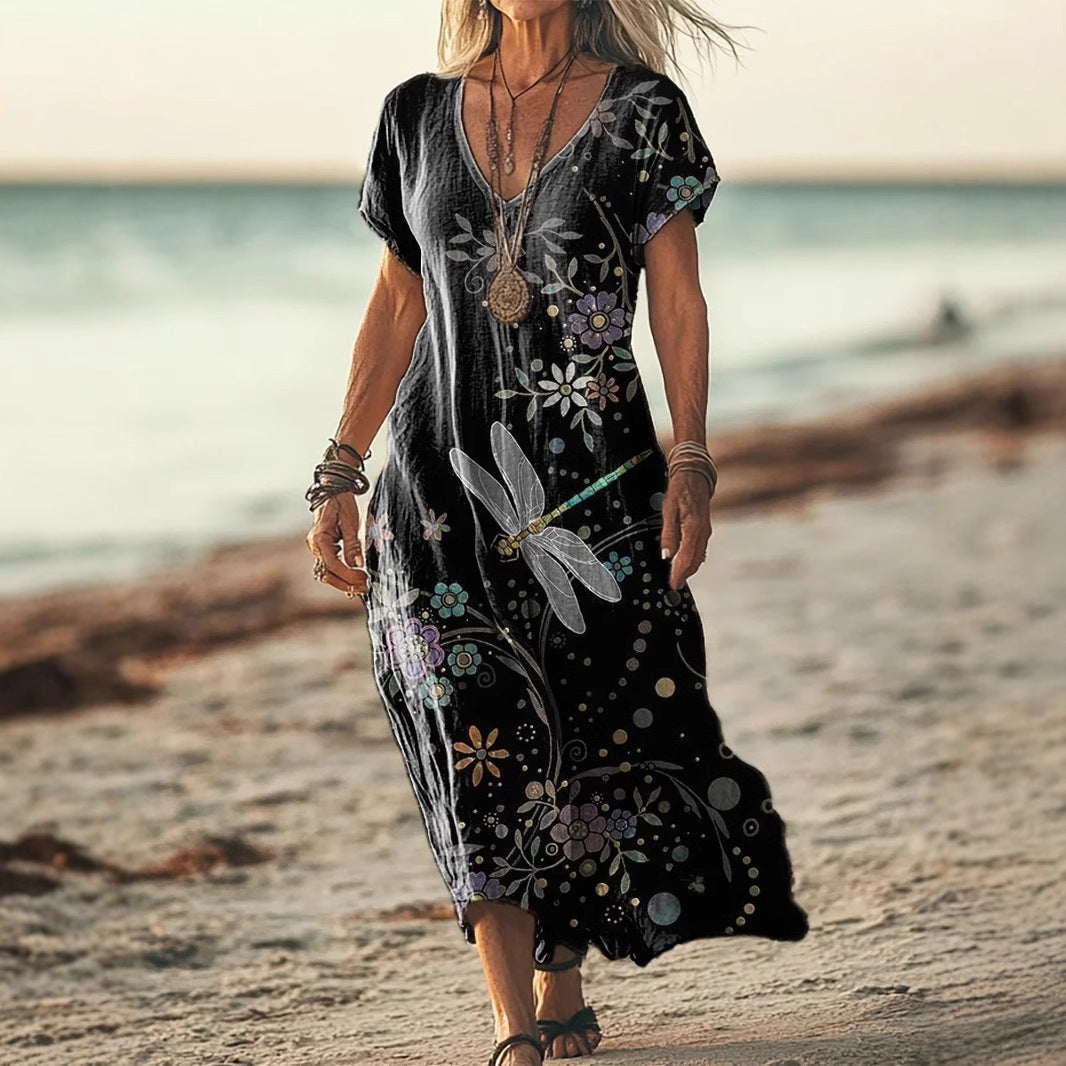 Women’s Floral V-Neck Dress – Creative Print Short Sleeve Style