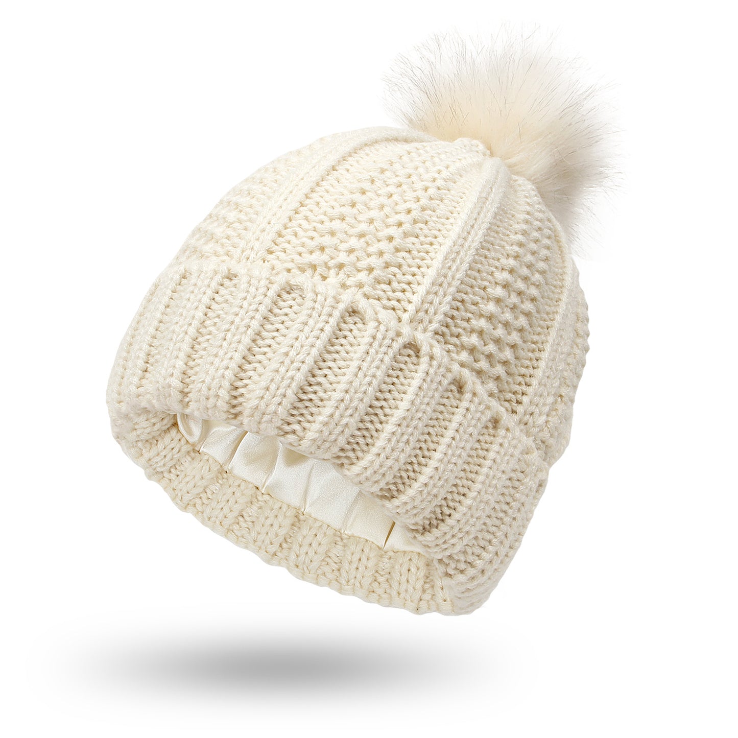 Women’s Winter Knitted Beanie Hat with Faux Fur Pom Pom – Warm Lined Stretch Fit