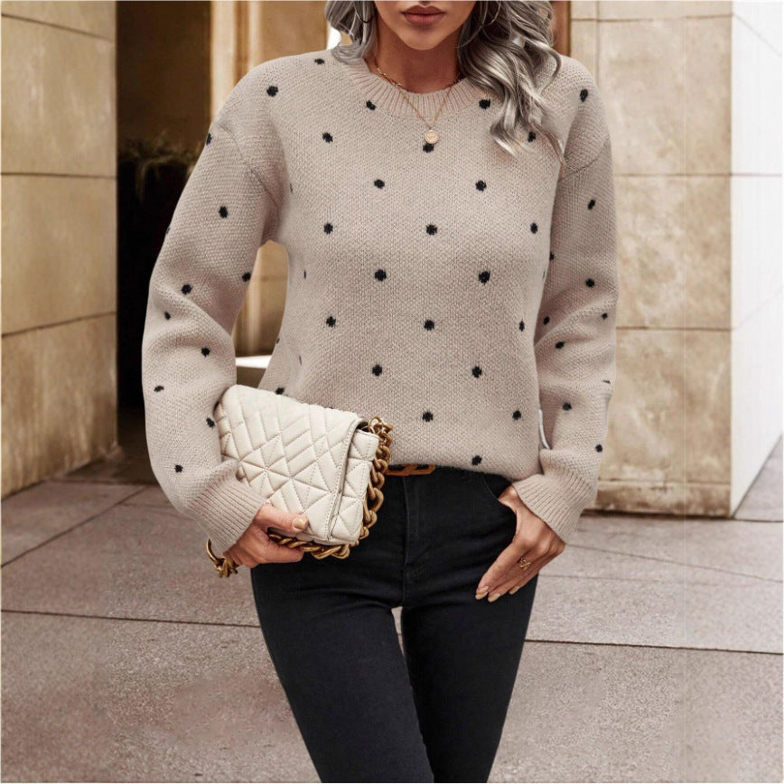 Women’s  Polka Dot Pullover Sweater – Casual Long-Sleeve Knitted Top