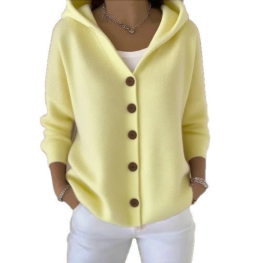 Women's Button-Front Knitted Hooded Cardigan