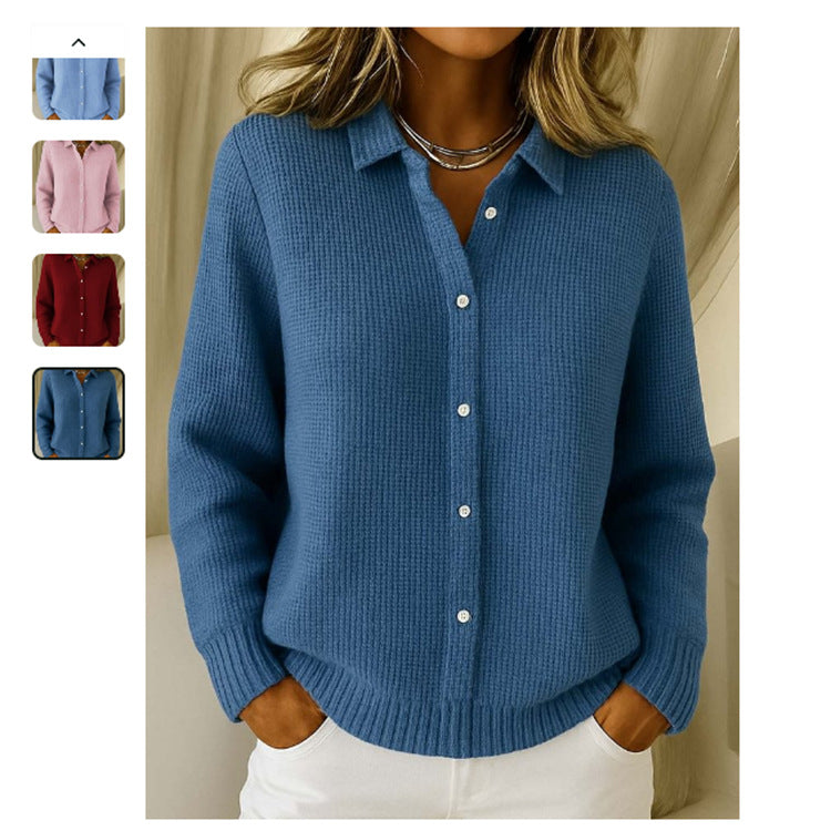 Women’s Casual Button-Up Knitted Lapel Sweater – Long Sleeve Winter Jumper