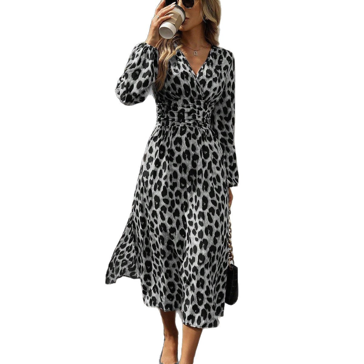 Women’s European & American Leopard Print Lantern Sleeve Maxi Dress