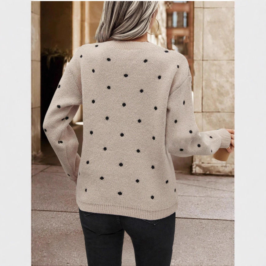 Women’s  Polka Dot Pullover Sweater – Casual Long-Sleeve Knitted Top