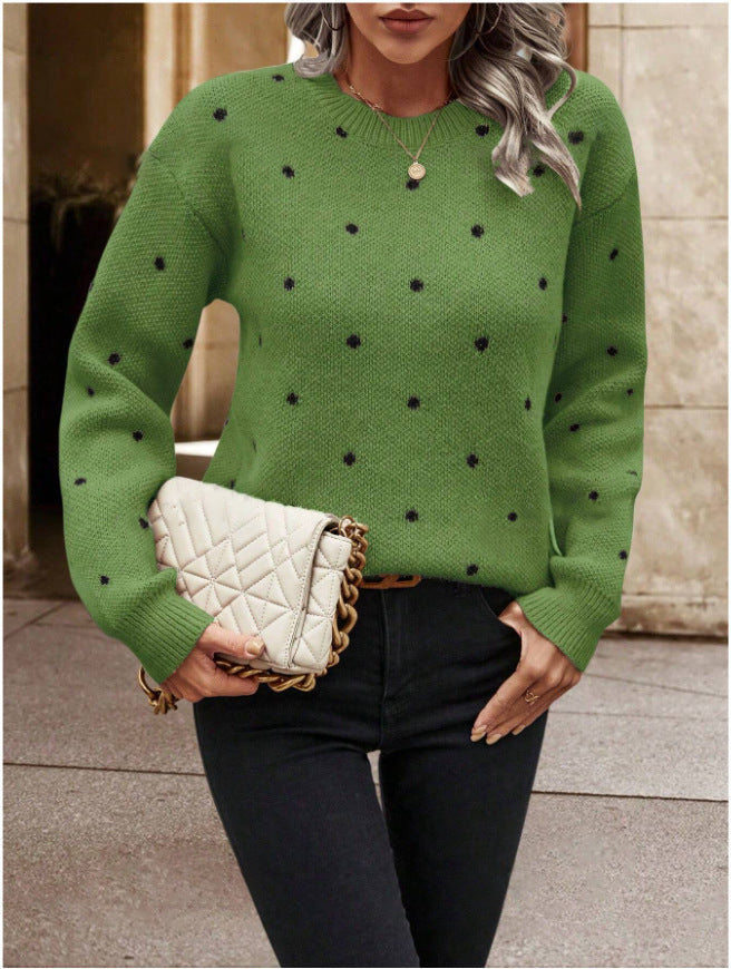 Women’s  Polka Dot Pullover Sweater – Casual Long-Sleeve Knitted Top
