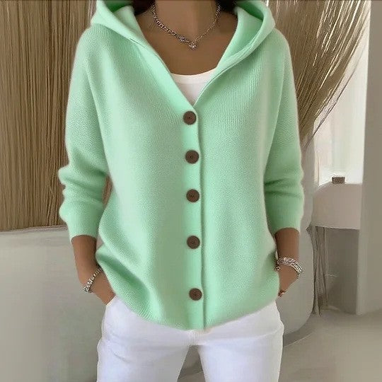 Women's Button-Front Knitted Hooded Cardigan
