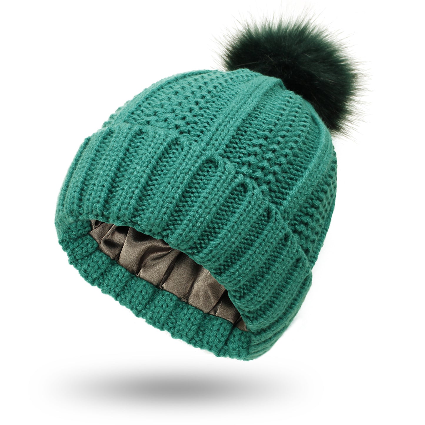 Women’s Winter Knitted Beanie Hat with Faux Fur Pom Pom – Warm Lined Stretch Fit